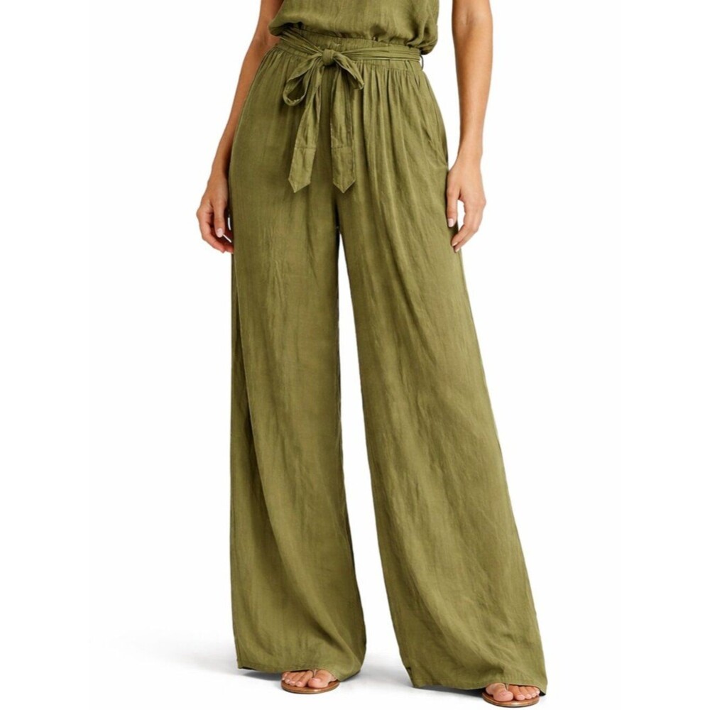 Savannah Monrow Linen Wide Leg Pants Size M Olive Tie Waist Flowy Resort